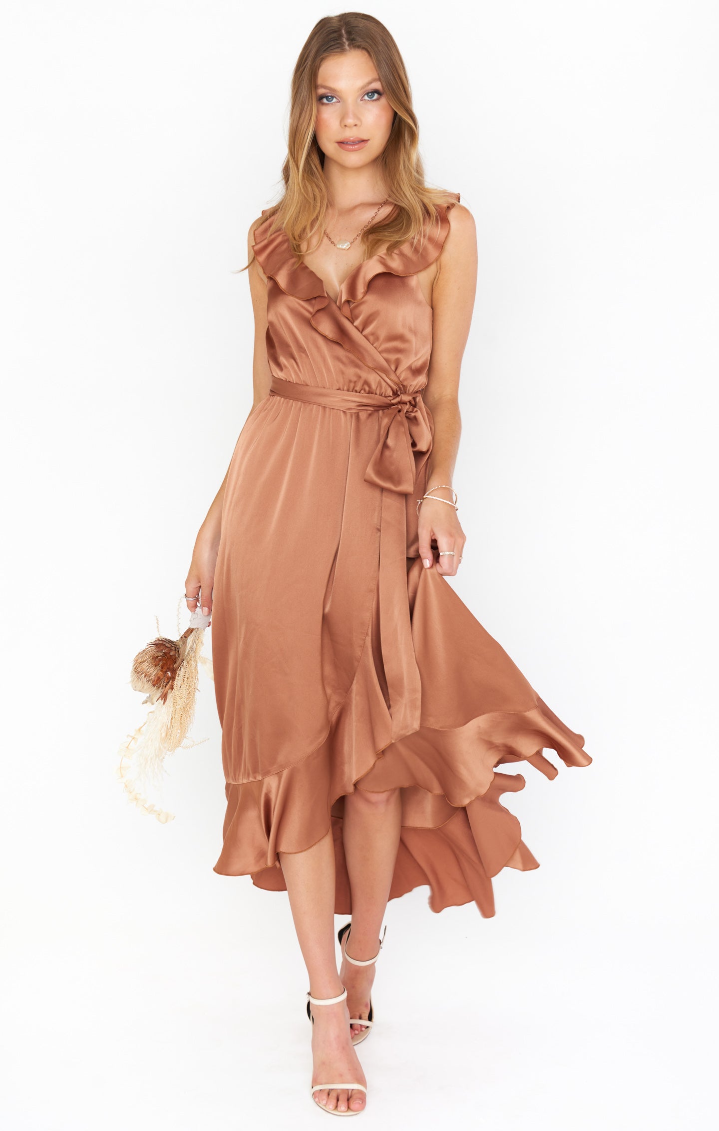 Samantha Ruffle Wrap Dress ~ Copper Luxe Satin – Show Me Your Mumu